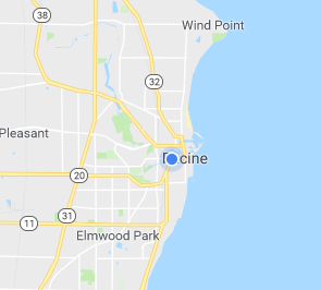 Map of Racine, Wisconsin, showing city streets, nearby towns, and location on Lake Michigan.