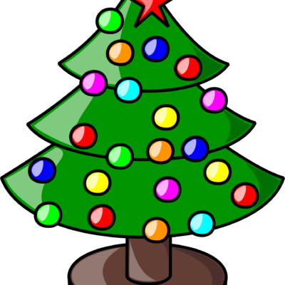 Cartoon Christmas tree decorated with colorful ornaments and a red star on top, set against a black background.