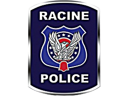 Racine Police Department badge featuring an eagle emblem and the words 'Racine Police'.