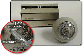 Two thermostats, one with a close-up of a mercury glass ampoule inside. The ampoule contains mercury.