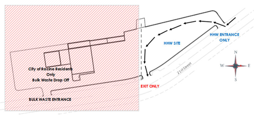 Map showing the entrance and exit routes for the City of Racine Residents Bulk Waste Drop Off site.