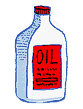 Cartoon illustration of a bottle of oil with a red label and cap, isolated on a white background.