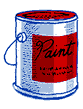 Cartoon paint can with red label and the word 