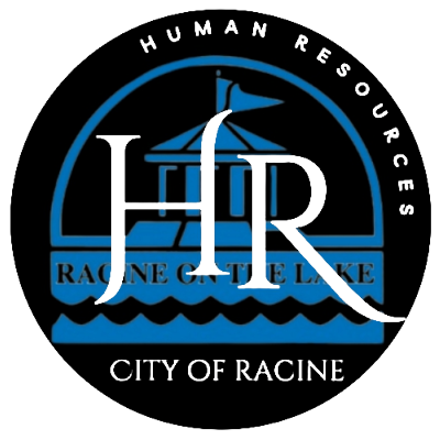 City of Racine Human Resources logo featuring 'HR' over a lake with a building and flag.