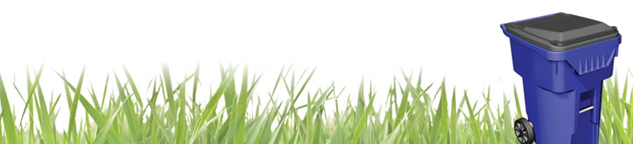 Blue wheeled trash can with black lid, positioned on green grass against a white background.