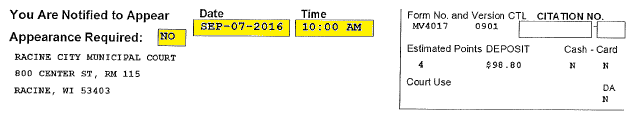 Official notice to appear in Racine City Municipal Court on SEP-07-2014 at 10:00 AM.