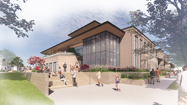 Architectural rendering of a modern building with people on the steps and sidewalk in front of it.