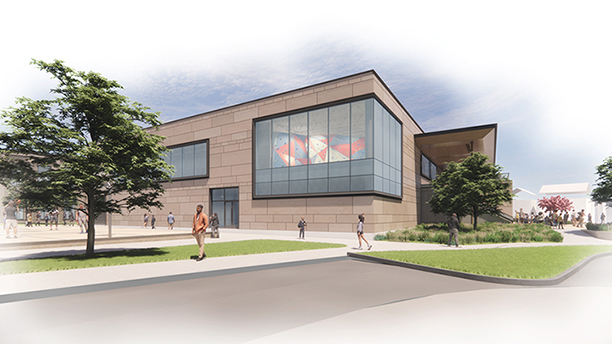 Architectural rendering of a modern, light-brown building with large windows and people walking nearby.