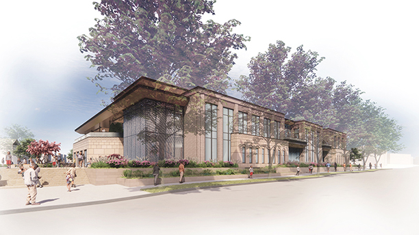 Architectural rendering of a modern, two-story building with large windows and a sloped roof, surrounded by trees and people.