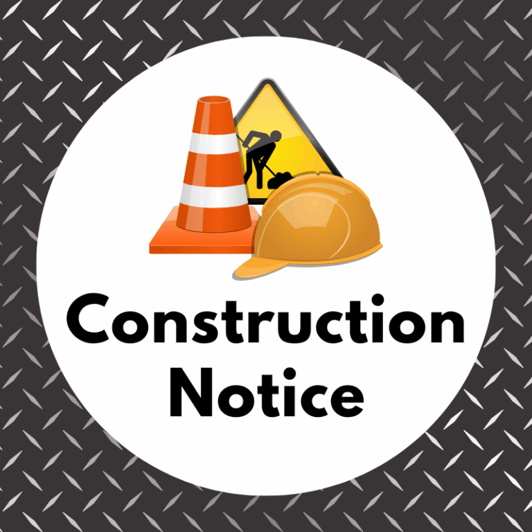 Construction notice with cone, hard hat, and worker sign on a white circle against a diamond plate background.