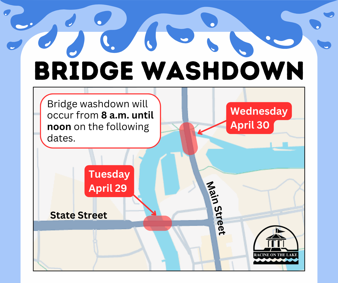 Map showing bridge washdown locations on April 29 and 30, from 8 a.m. to noon.