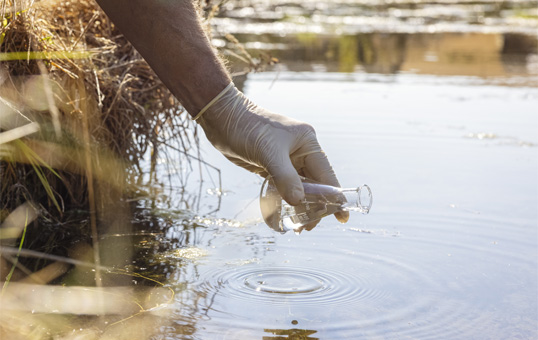 Gloved hand collecting water sample with a beaker from a pond or lake for testing.