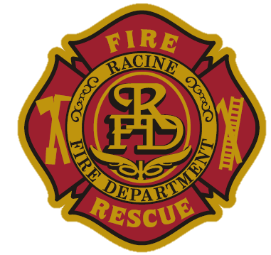 Racine Fire Department Rescue logo: Maltese cross with tools, text "Fire Racine Fire Department Rescue" and intertwined