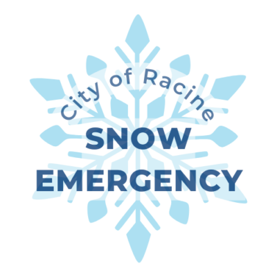 City of Racine Snow Emergency logo. Light blue snowflake design with text "City of Racine SNOW EMERGENCY" in dark blue.