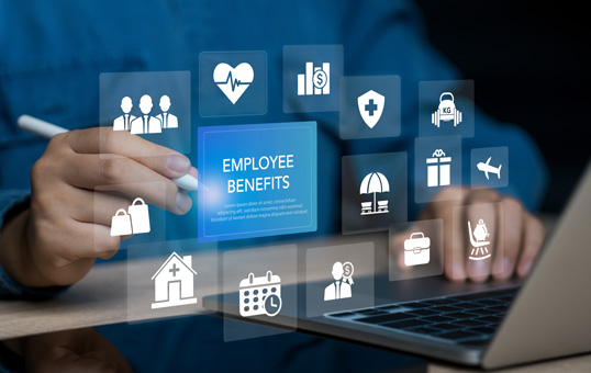 Employee benefits screen with icons for health, insurance, retirement, and other perks. Person using laptop.