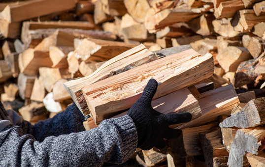 Person in gloves carrying stack of split firewood. Woodpile visible in background.