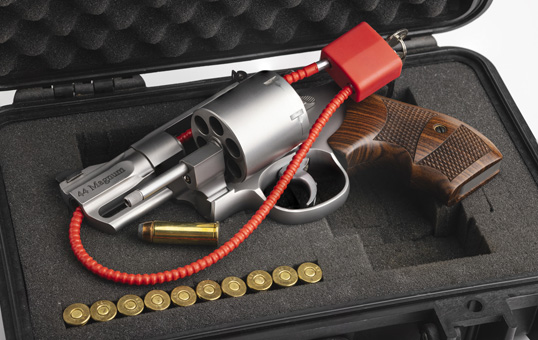 Revolver with trigger lock and ammunition in a black hard case for secure gun storage.