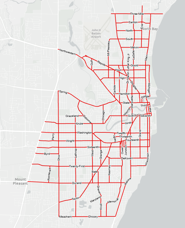 Map of Racine, Wisconsin, showing city streets in red against a light gray background.