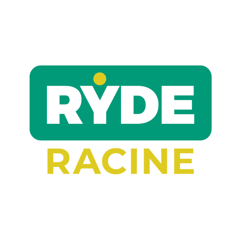 RYDE Racine logo. RYDE in white on a green rounded rectangle, Racine in yellow below.