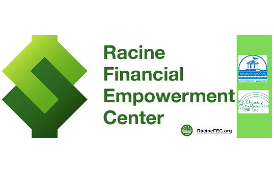 Racine Financial Empowerment Center logo. Green interlocking shapes, text, and partner logos.