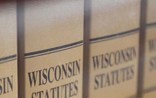 Close-up of Wisconsin Statutes books on a shelf, showing the spines with the title.