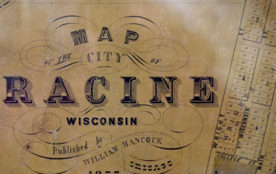 Close-up of a vintage map of Racine, Wisconsin, published in 1855 by William Hancock, Chicago.