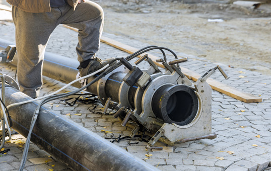 Pipe fusion machine joining two large black pipes on a paved surface, with a worker's leg visible.