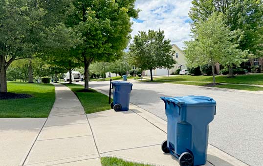 Two blue recycling bins on a sidewalk in a suburban neighborhood on a sunny day.