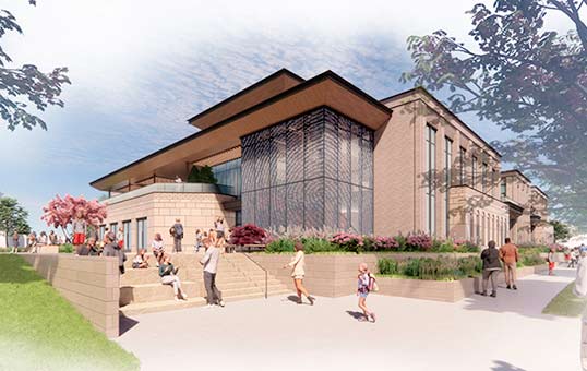 Architectural rendering of a modern, two-story building with a glass facade and people walking and sitting outside.