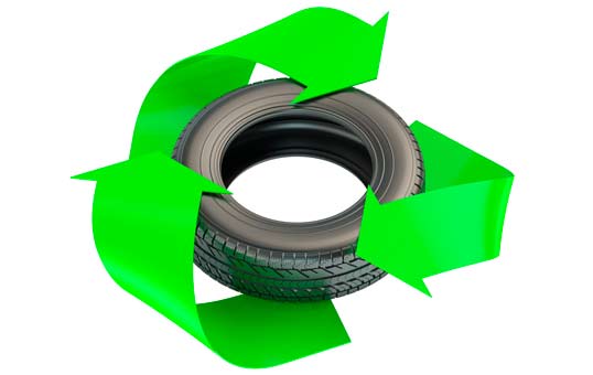 Tire inside a green recycling symbol, indicating tire recycling or sustainable tire practices.