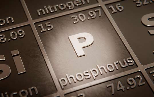 Close-up of the element phosphorus (P) on the periodic table, showing atomic number and weight.
