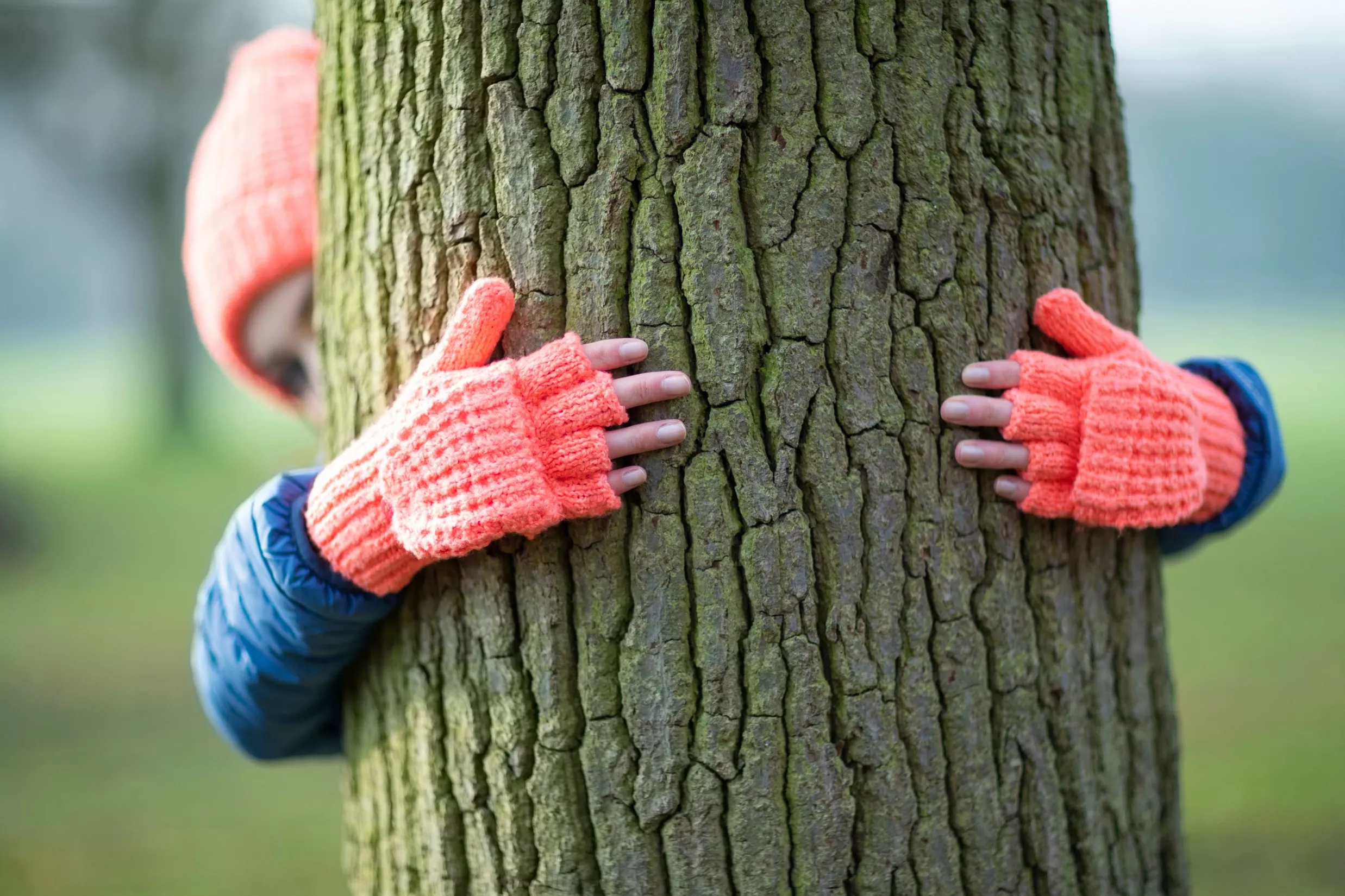 Child in pink hat and gloves hugging a tree trunk, symbolizing nature connection and environmental awareness.