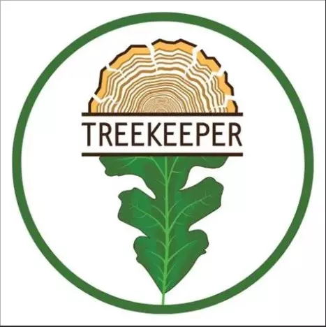 Treekeeper logo: tree ring cross-section, text 'TREEKEEPER', and oak leaf, all encircled in green.