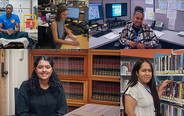 Collage of six diverse individuals in various work settings, including office, library, and medical environments.