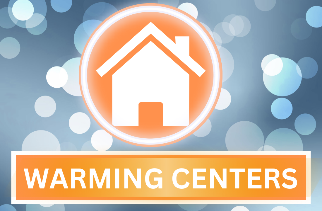 Warming Centers graphic with house icon. Orange text on a blurred blue and white background.