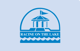 Racine, Wisconsin flag featuring a gazebo on a lake with the text "Racine on the Lake."