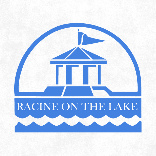 Racine On The Lake logo. Blue gazebo atop waves, framed by a semicircle.