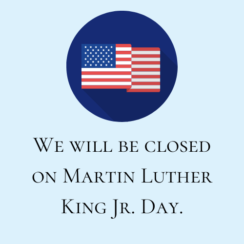 Closed for Martin Luther King Jr. Day. US flag icon on a blue circle.