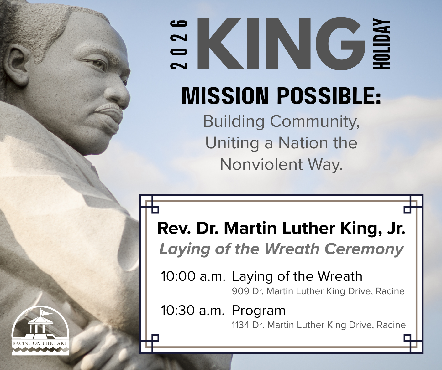 Martin Luther King Jr. Day event poster: wreath laying ceremony and program details listed.