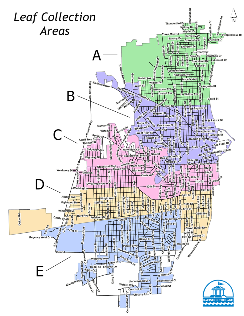 Map of leaf collection areas, labeled A through E, with different colored zones and street names.