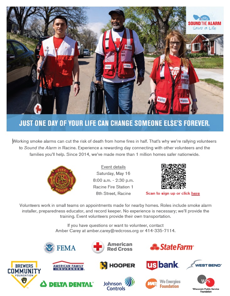 Advertisement for Sound the Alarm event in Racine, Wisconsin, featuring three volunteers in red vests.